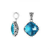 Handcrafted Sterling Silver Blue Topaz Quartz Cushion Pendant With Balinese Filigree Design.
